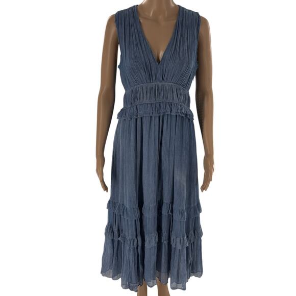 Ulla Johnson Slate Blue Silk Chiffon Ruffled Elodie Midi Dress - Picture 1 of 12